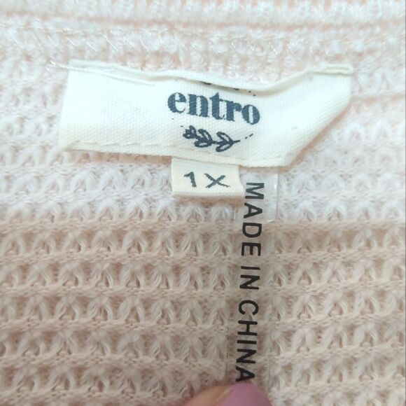 Entro Waffle Weave Knit Patchwork Puff Long Sleeve Top White Orange 1X - Picture 8 of 9